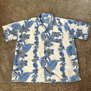 Makani Hawaii Shirt Mens White XL Blue Floral Microfiber Hawaiian‎ Aloha